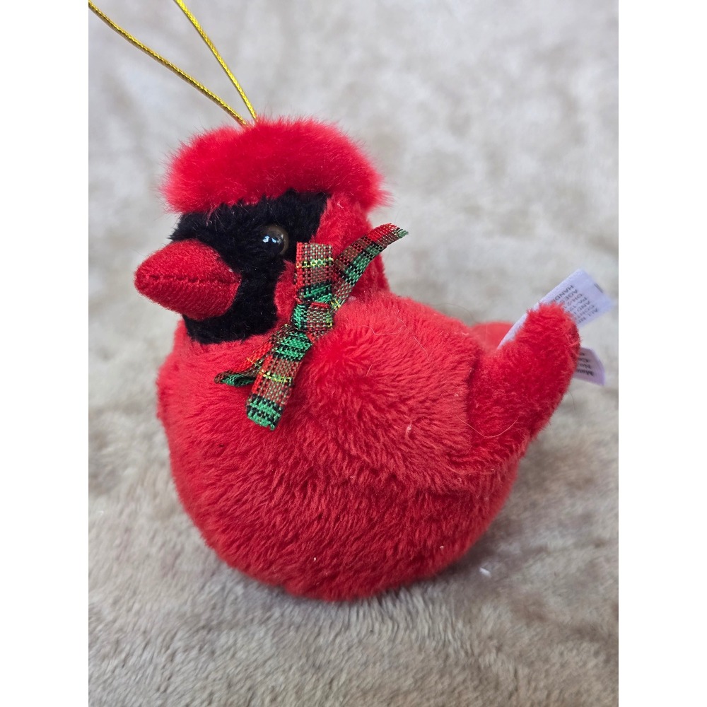 Plushland Red Cardinal Bird Plush Ornament Christmas Holiday Plaid Bow 2006